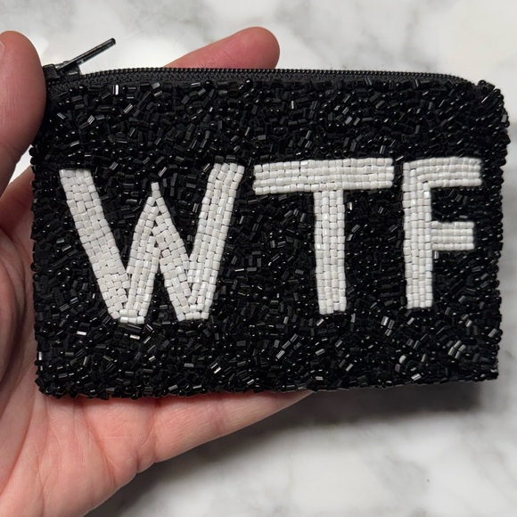 MOYNA “WTF” Black and White Beaded Zipper Pouch 5x3” - Picture 3 of 13